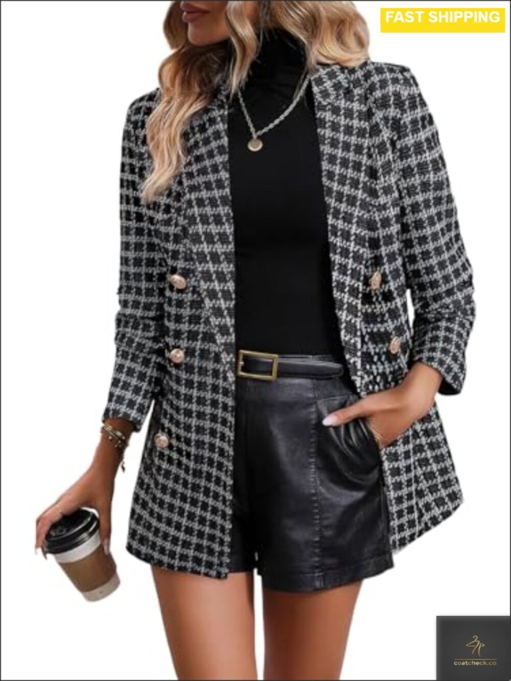 Tweed Plaid Double Breasted Blazer Long Sleeve Business Casual